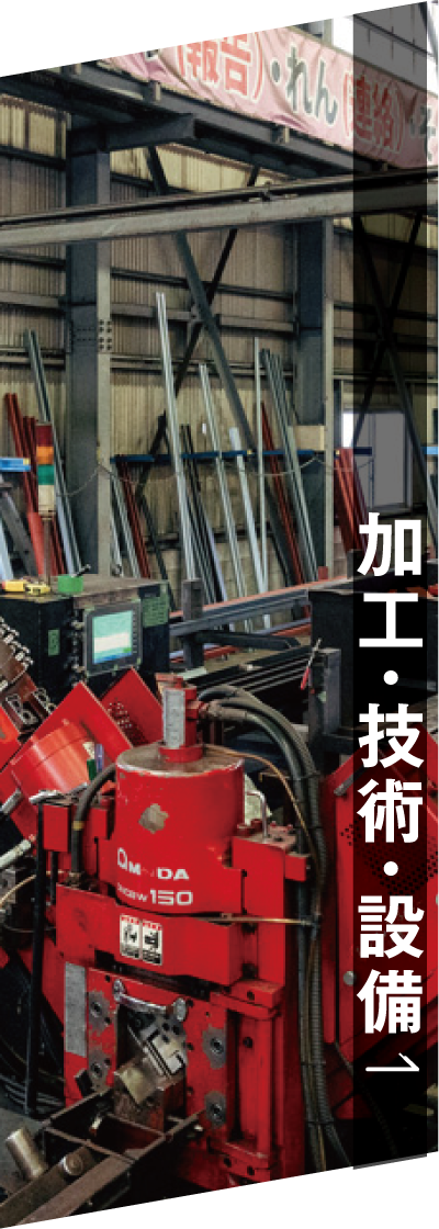 赤い産業機械、縦横に積まれた金属パイプ、日本語の看板がある工場内部。右側には日本語の文字が縦に重なっている。.