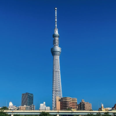 澄み切った青空の下、高い放送塔と展望塔が都会のビルの上にそびえ立ち、麓にはいくつかの中層建造物と緑が見える。.